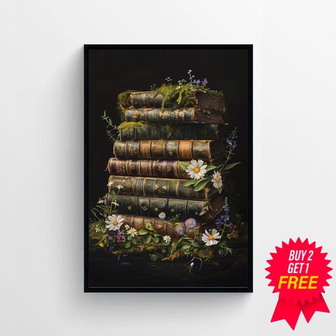 Tall Stack of Old Mossy Antique Books With Wildflowers Poster - Image 4