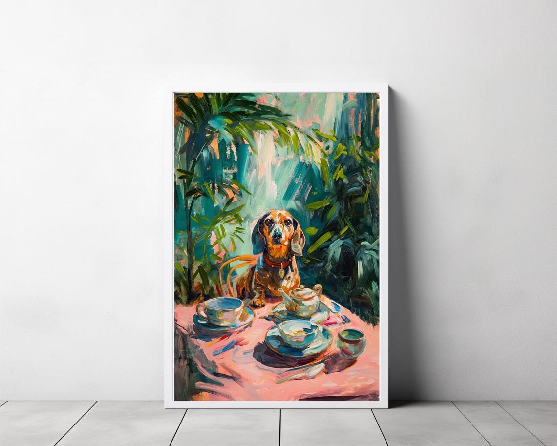 Dachshund At Tea Table In Lush Jungle Impressionist Art Poster - Image 3