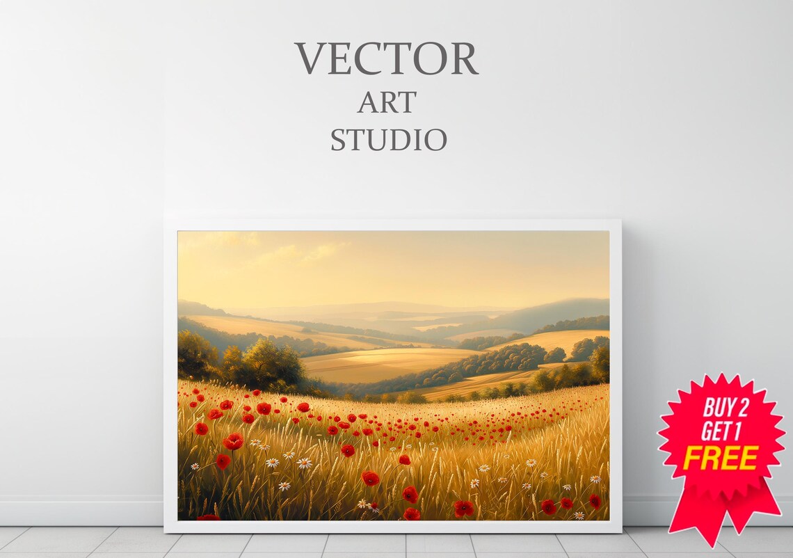 Golden Wheat Field With Red Poppies At Sunset Meadow Art Poster - Image 3