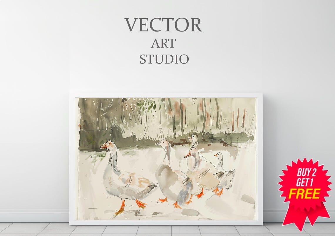 Small Geese Flock Walking Together In Loose Watercolor Sketch Poster - Image 3