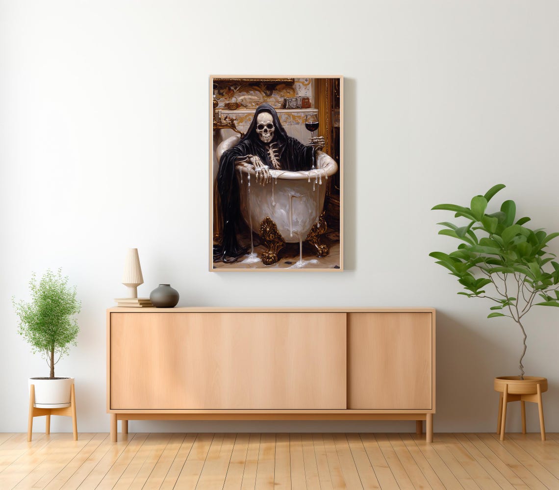 Grim Reaper In Bubble Bath Drinking Red Wine Dark Gothic Poster - Image 2