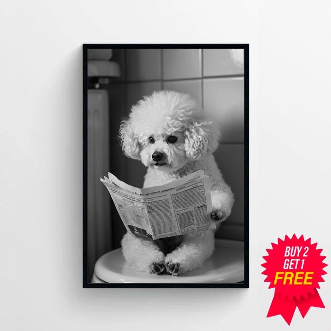 Bichon Frise on Toilet Reading Newspaper Black and White Funny Print - Image 4