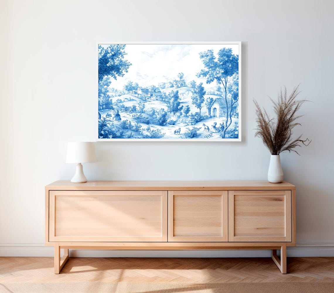 Blue And White Toile Chinoiserie Countryside Landscape Poster - Image 2