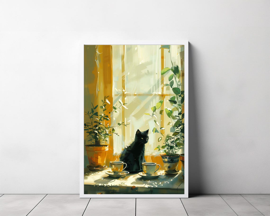 Black Cat with Two Teacups by Sunlit Window Still Life Poster - Image 3