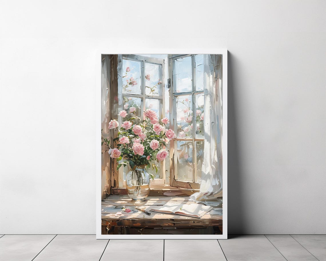 Pink Roses in Glass Vase by Sunlit French Windows Art Poster - Image 3