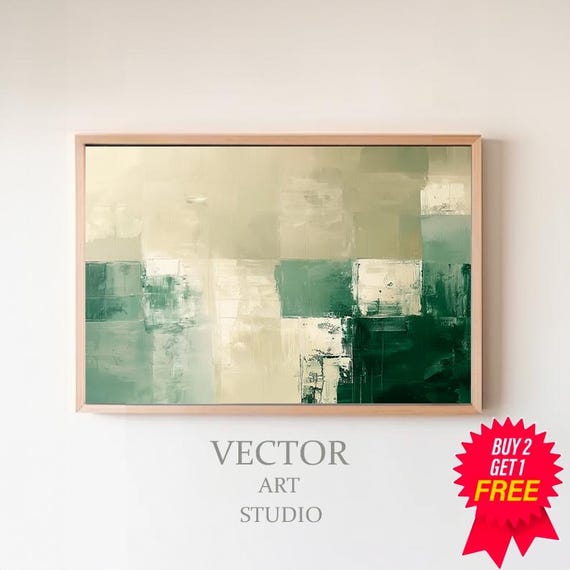 Rustic Green Abstract Winter Frame Tv Art Beige Contemporary Tv Art Geometric Minimalist Modern Oil Painting