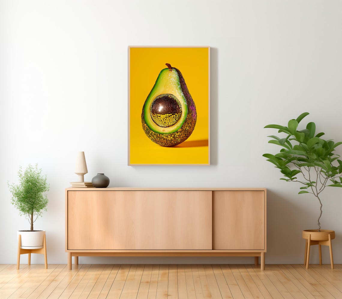 Disco Ball Avocado Still Life Painting on Yellow Background Poster - Image 2
