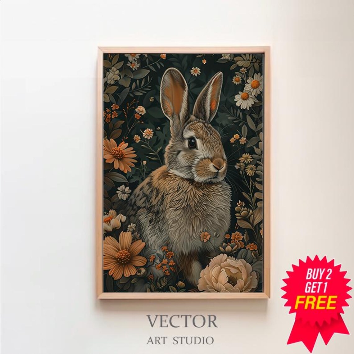 Brown Rabbit in Dark Floral Garden Vintage Botanical Animal Poster