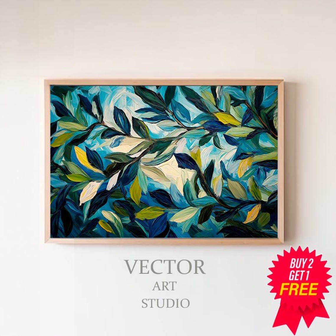 Abstract Blue and Green Leaf Branches Bold Impasto Style Art Poster
