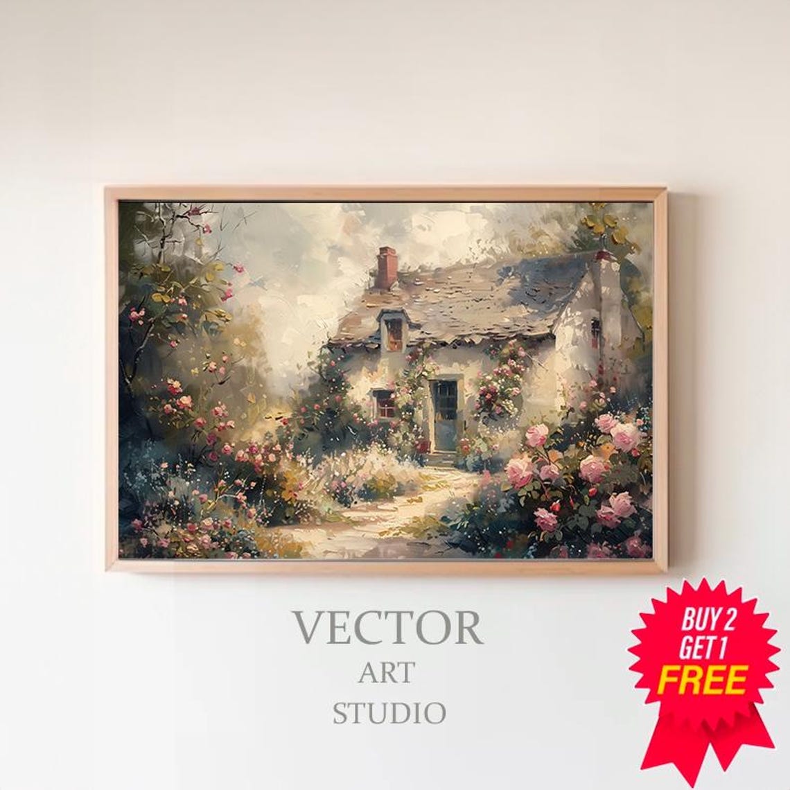 Stone Cottage Covered In Blooming Roses Garden Oil Painting Poster