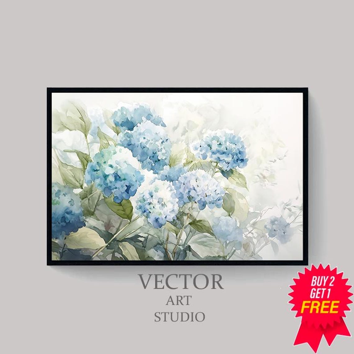 Blue Hydrangea Blooms Loose Watercolor Floral Painting Wall Art - Image 4