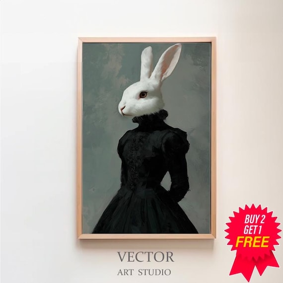 White Rabbit in Black Victorian Dress Gothic Portrait Poster