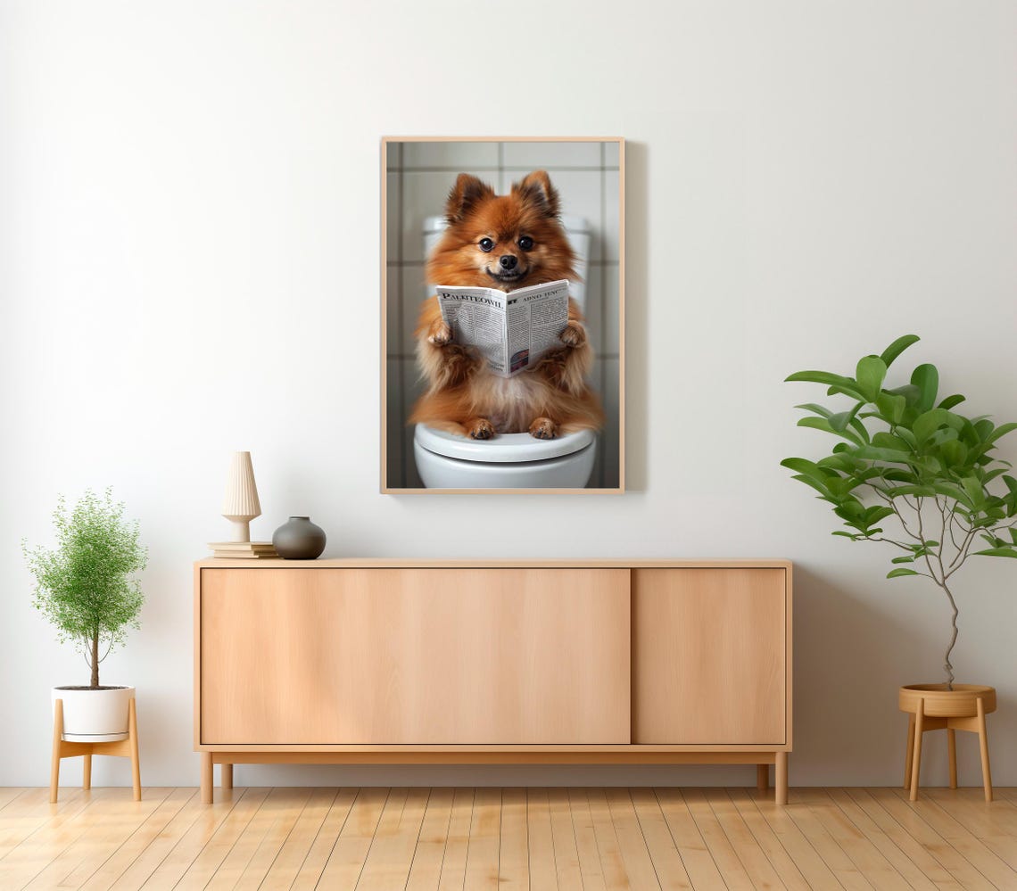 Smiling Pomeranian Reading Newspaper Toilet Funny Dog Photo Poster - Image 2