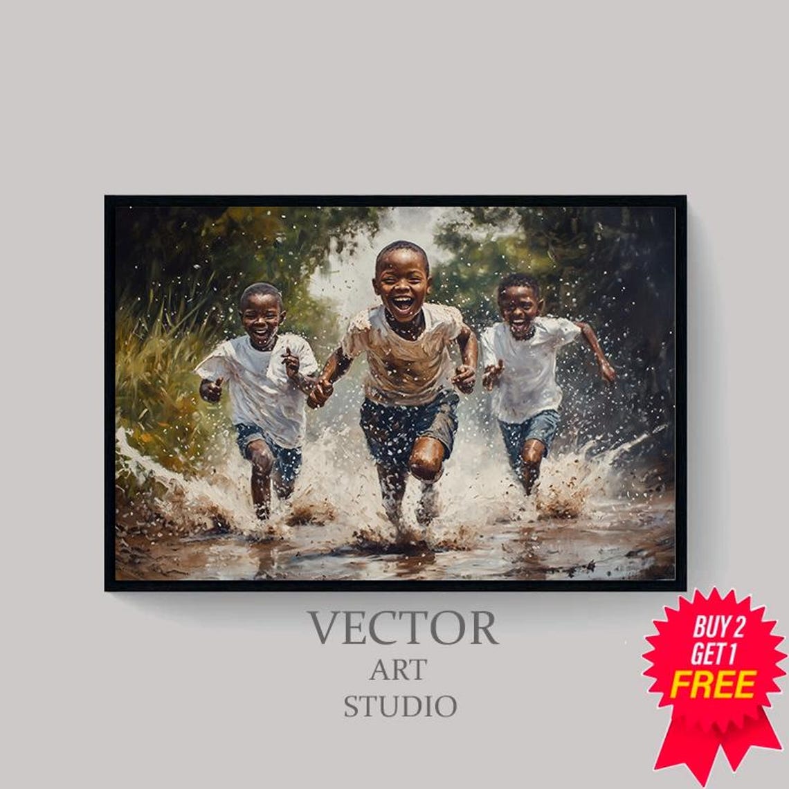 Three Joyful African Boys Running Through Splashing Water Art Poster - Image 4