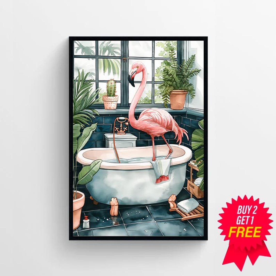 Pink Flamingo Standing in Bathtub Tropical Bathroom Watercolor Poster - Image 4
