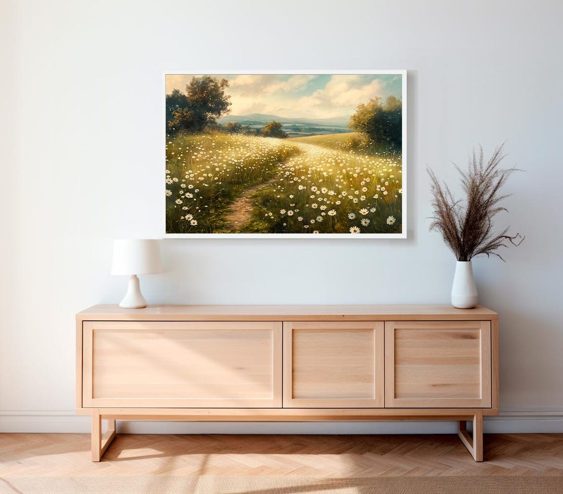 Golden Daisy Meadow With Winding Path At Sunset Vintage Poster - Image 2