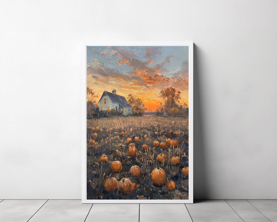 Blue Farmhouse at Sunset Pumpkin Patch Autumn Painting Poster - Image 3