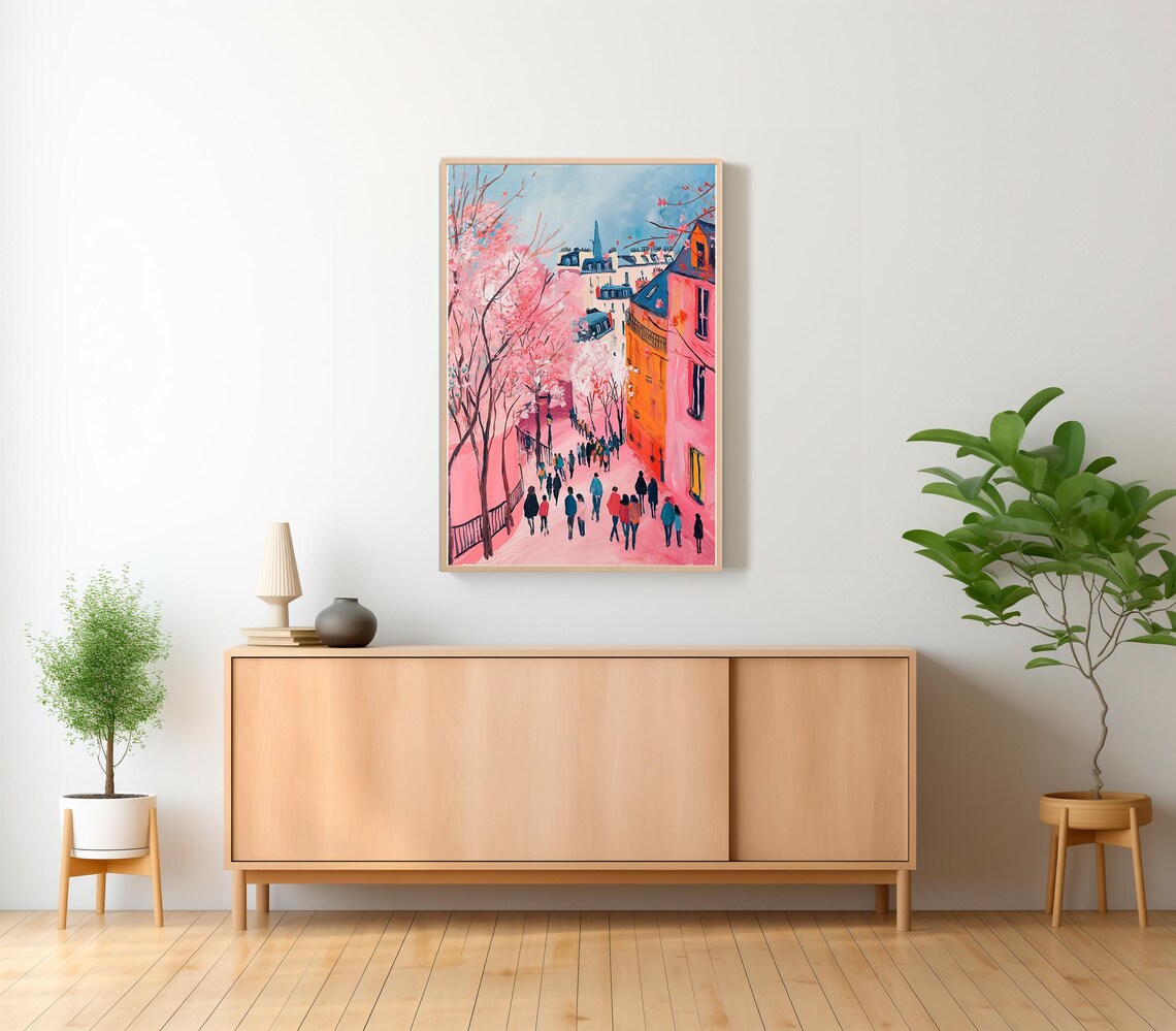 Cherry Blossom Paris Street in Spring Cityscape Painting Poster - Image 2