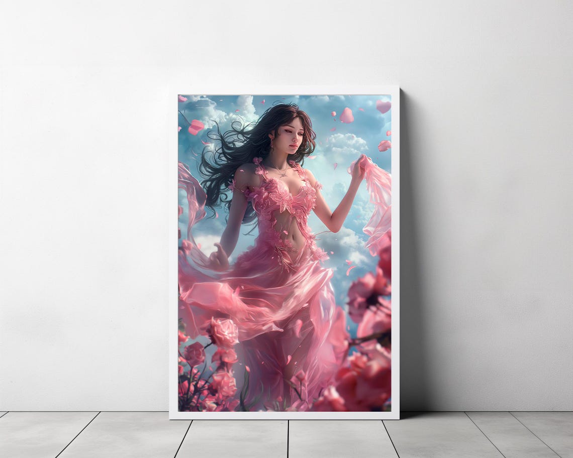 Goddess Aphrodite in a Pink Gown among Flowers and Clouds Poster - Image 3
