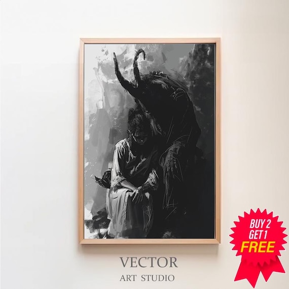 Satan Embrace Boy Looking Up At Black Demon Shadow Horror Poster