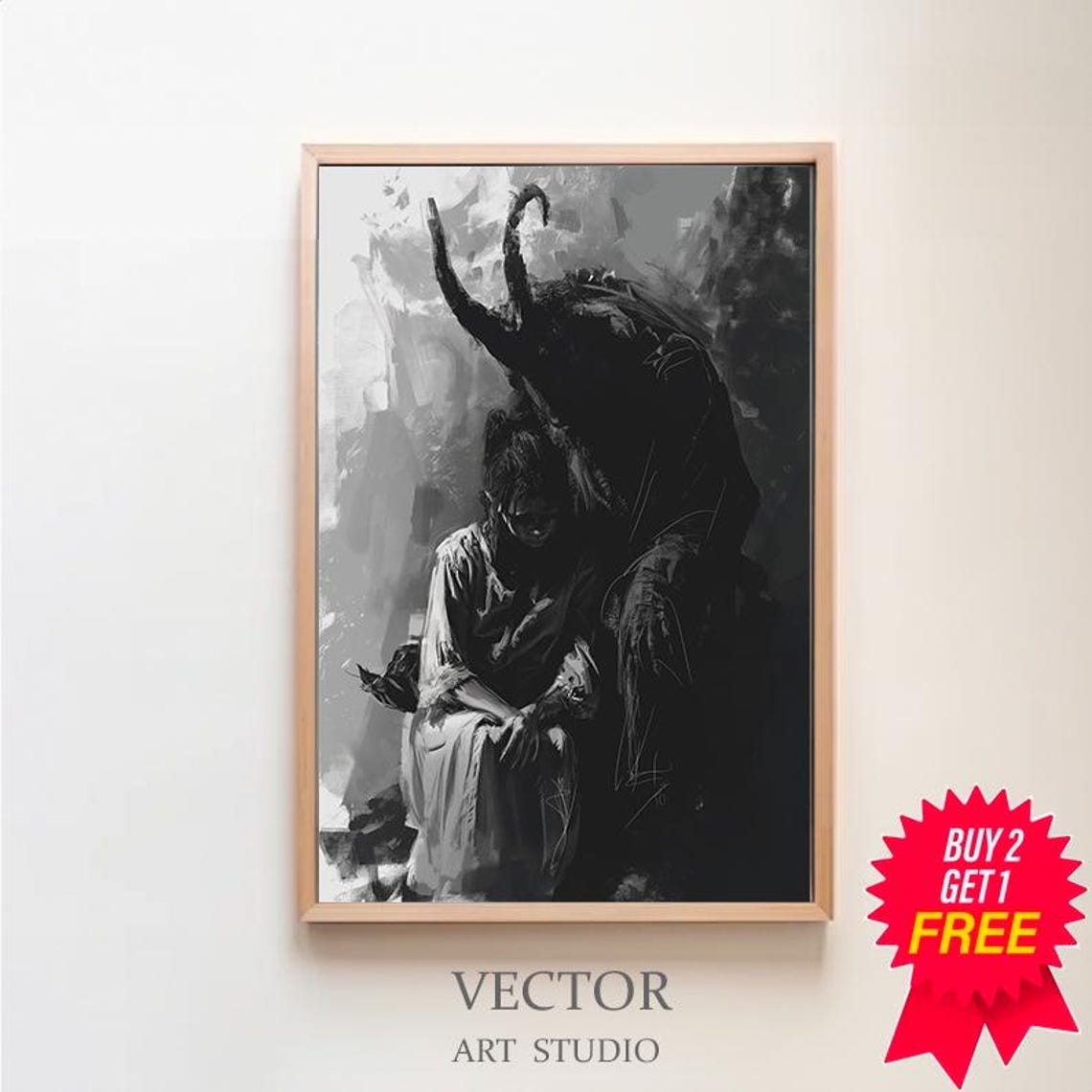 Satan Embrace Boy Looking Up At Black Demon Shadow Horror Poster