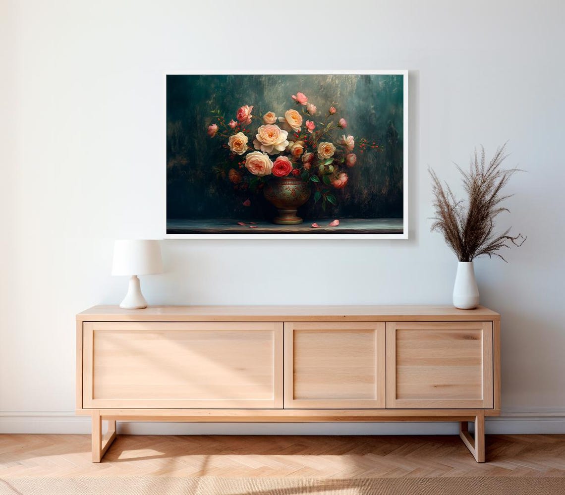 Cream and Blush Roses in a Brass Vase on a Teal Vintage Floral Poster - Image 2