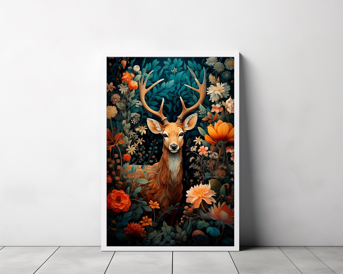 Deer Among Orange and Teal Flowers Lush Floral Nature Portrait Art Poster - Image 3