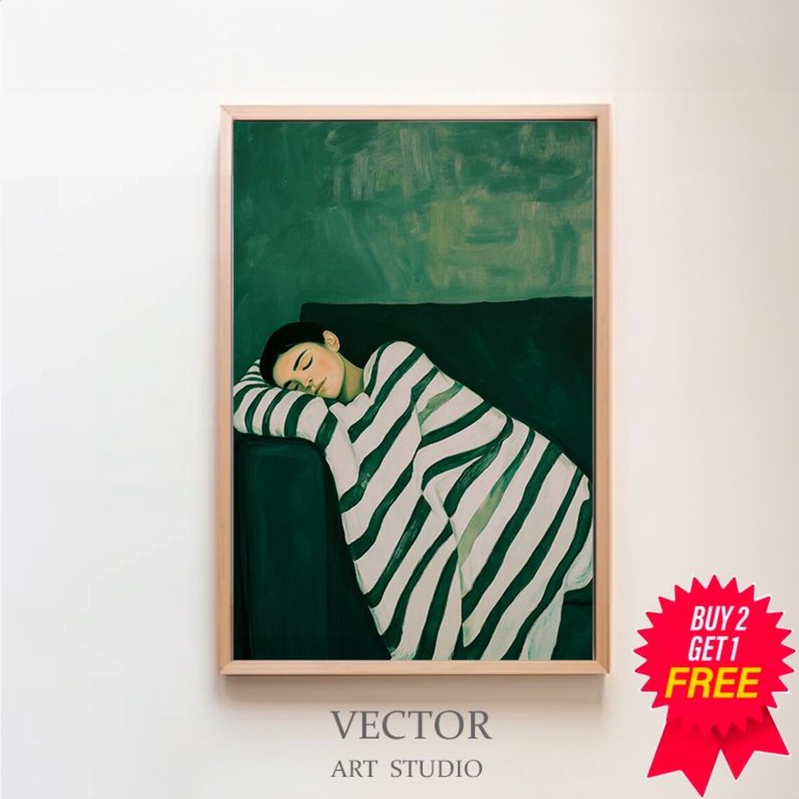 Sleeping Woman Green Couch Cozy Stripes Contemporary Art Poster