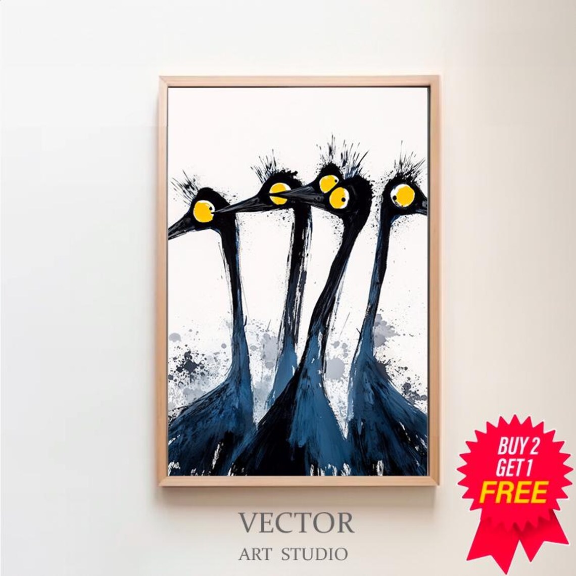 Four Quirky Googly-Eyed Long-Necked Birds Funny Watercolor Poster