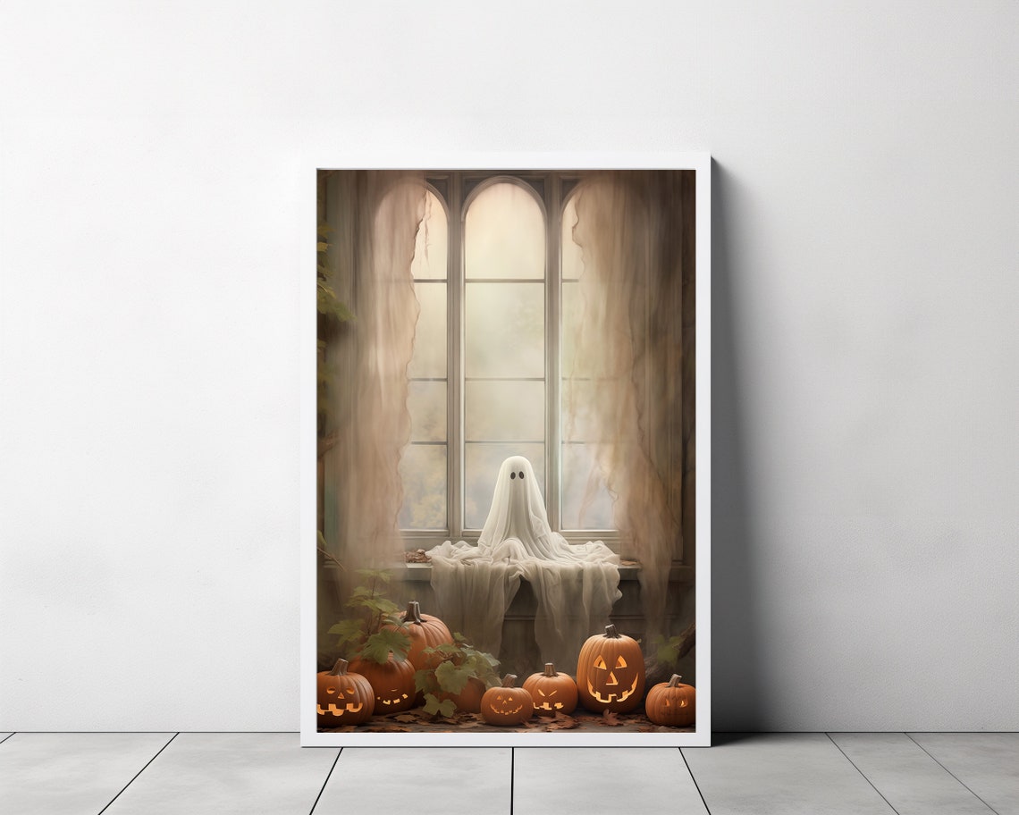 Ghost on a Windowsill With Glowing Jack O Lanterns Autumn Poster - Image 3
