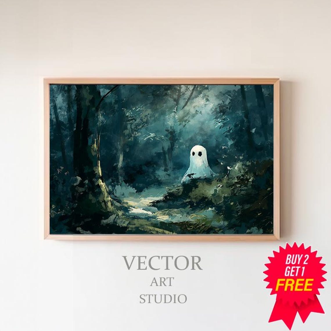 Small White Ghost Standing In A Dark Misty Forest Painting Poster