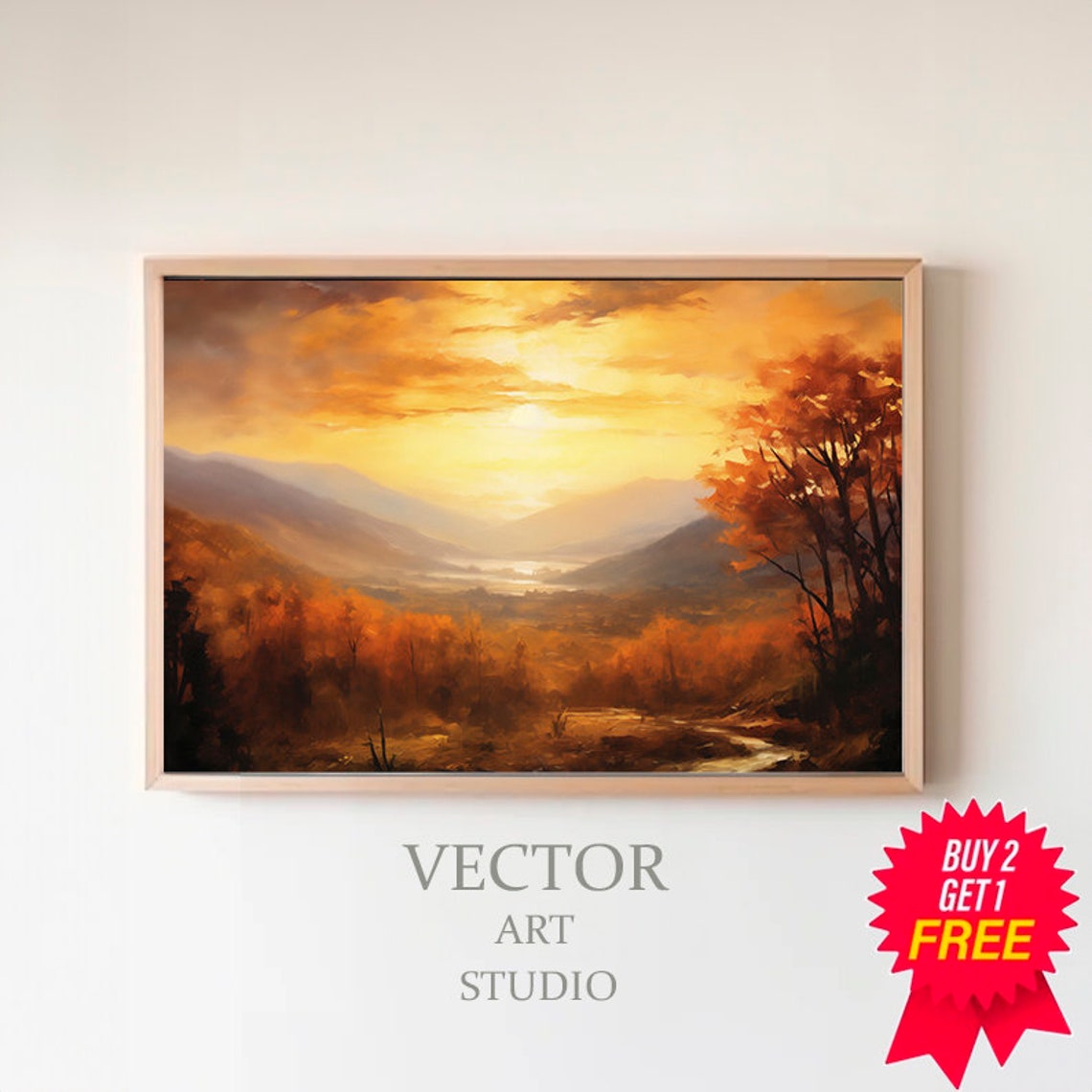 Golden Autumn Sunset Over a Misty Valley Landscape Painting Poster