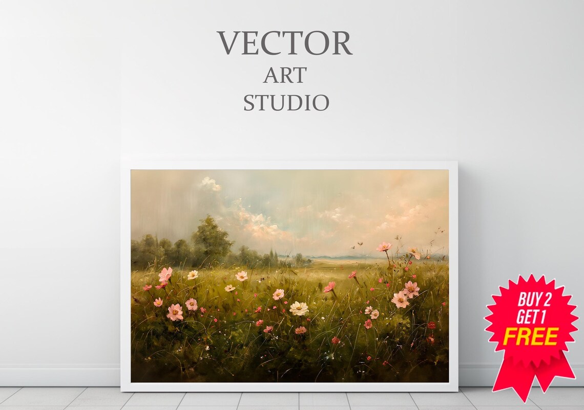 Spring Wildflower Meadow Vintage Oil Painting Landscape Poster - Image 3