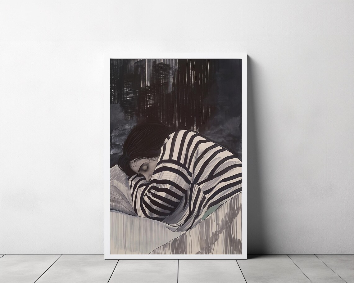 Sleeping Woman Dark Sketchy Striped Shirt Moody Bedroom Art Poster - Image 3