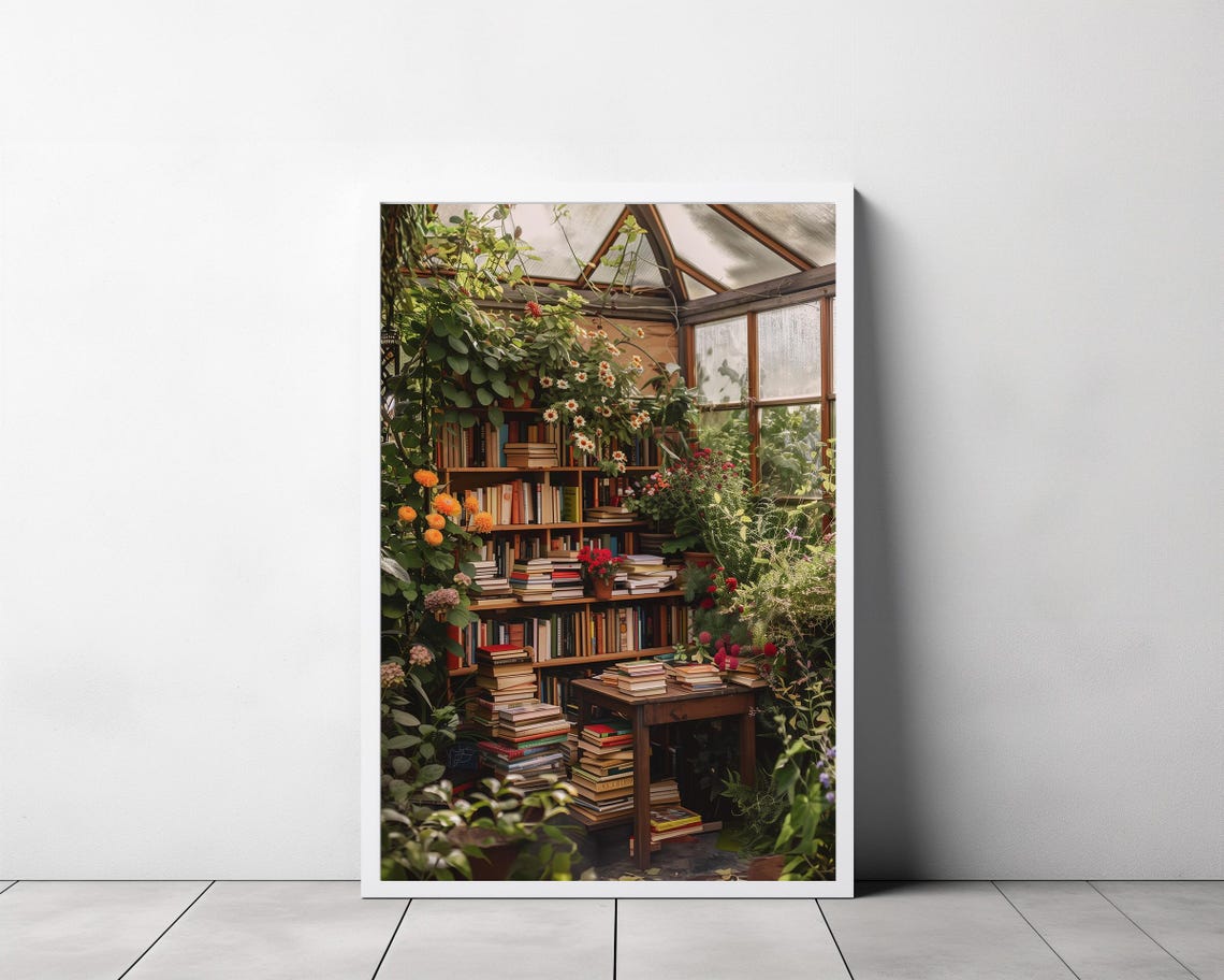 Conservatory Library Painting with Plants Books and Flowers Poster - Image 3