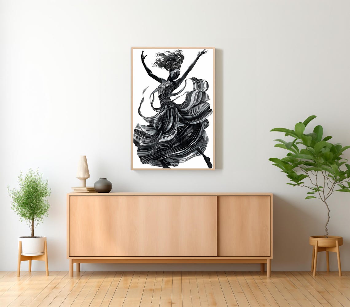 Black and White Dancer with Arms Raised in a Striped Gown Poster - Image 2