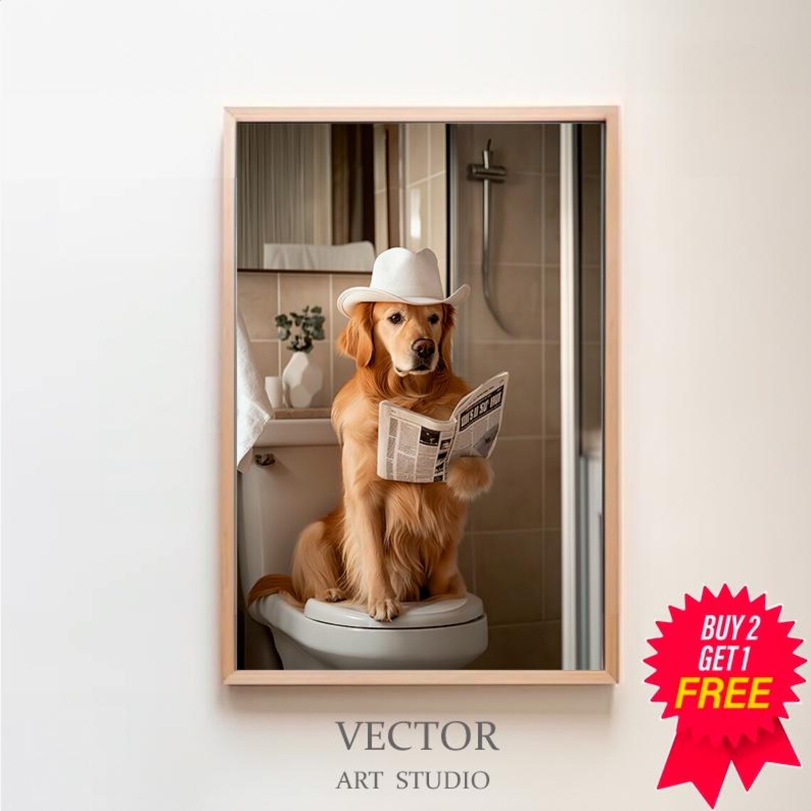 Golden Retriever In White Cowboy Hat Reading Newspaper Poster