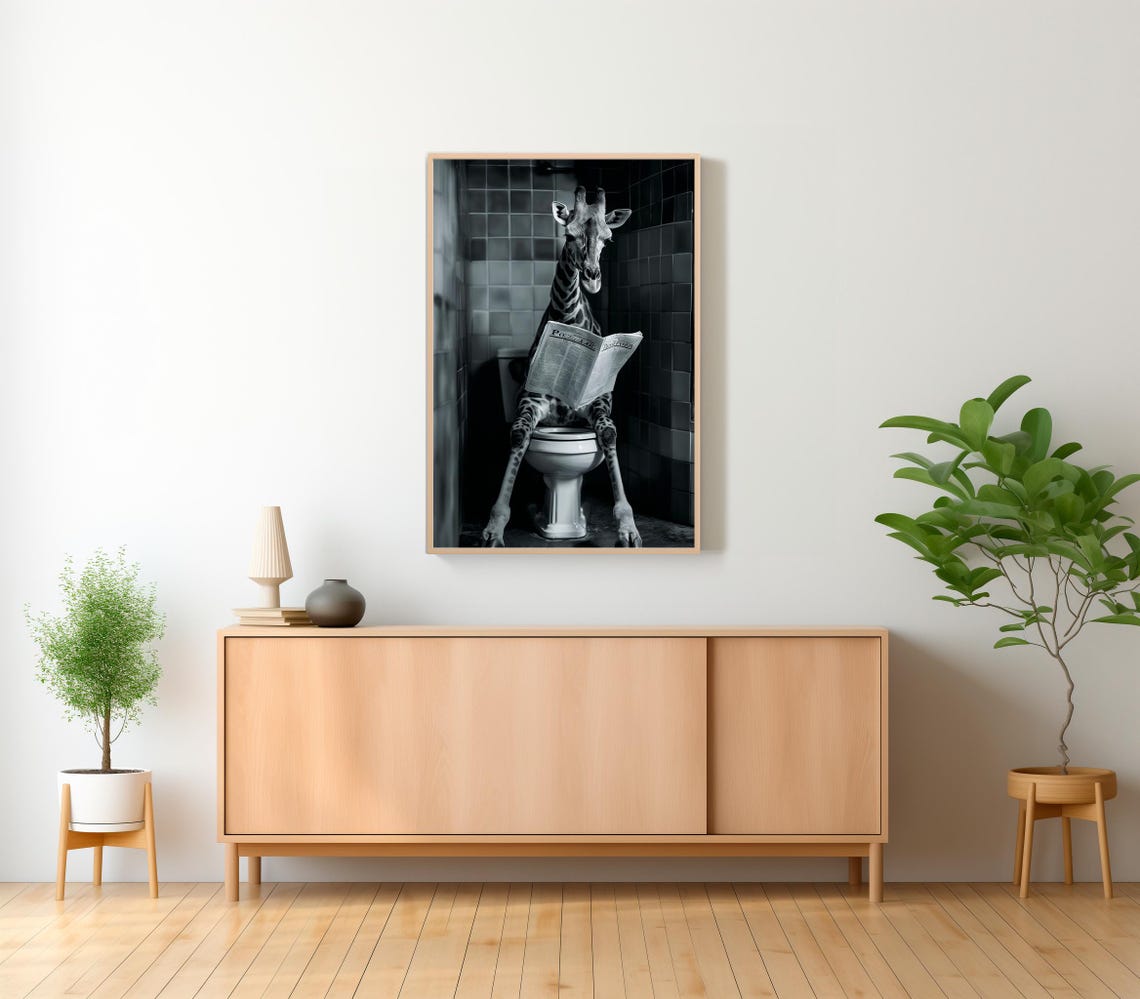 Giraffe On The Toilet Reading The Newspaper Dark Tile B&W Poster - Image 2