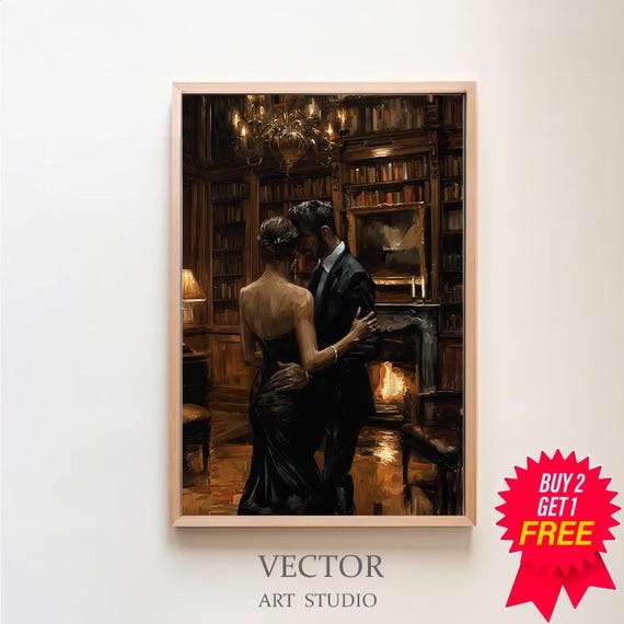 Lovers In Library Art Painting Couple Art Dark Academia Print Dark Oil Painting Gothic Decor For Book Lovers Moody Wall Art