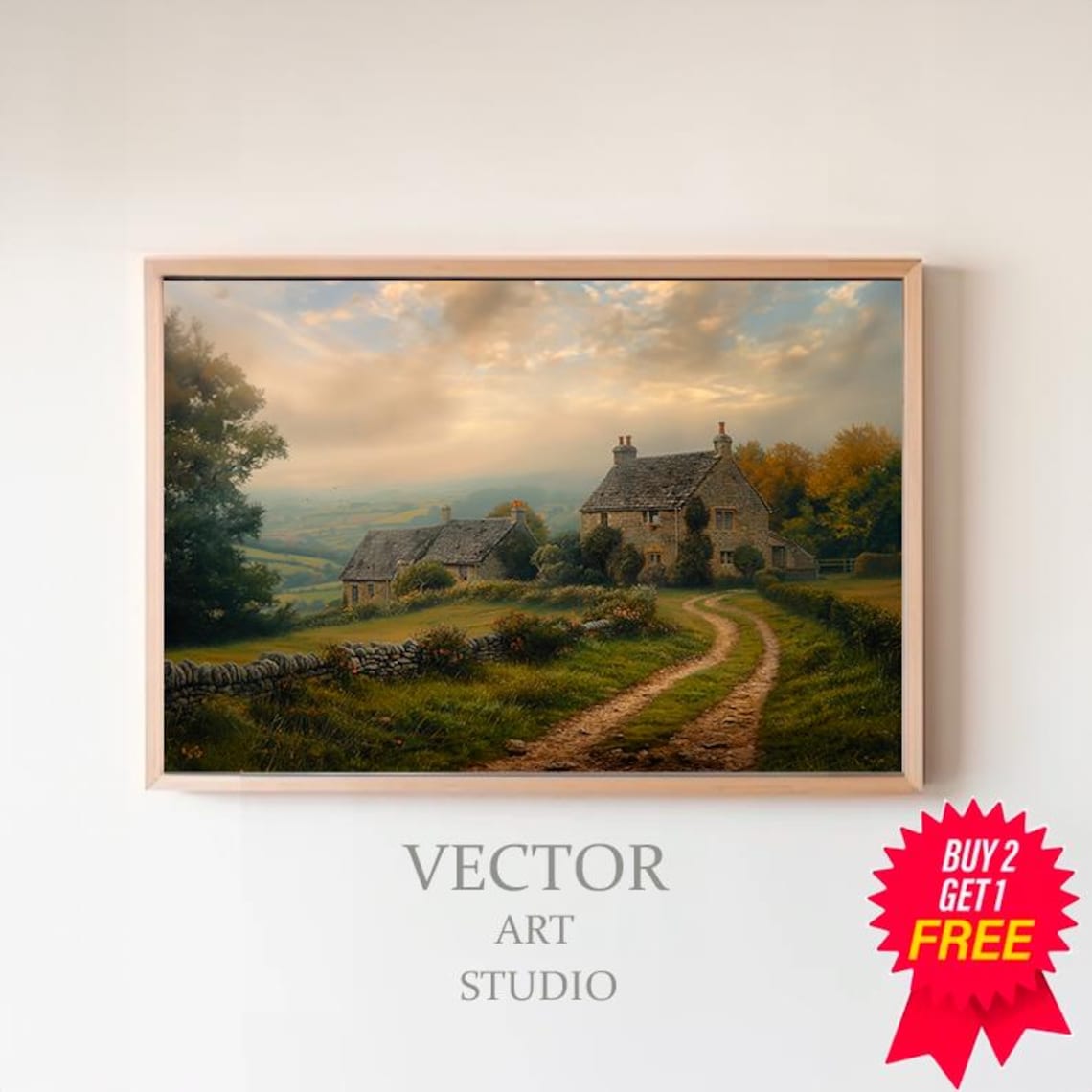 Stone Country Cottages at Sunset with Winding Dirt Road Poster