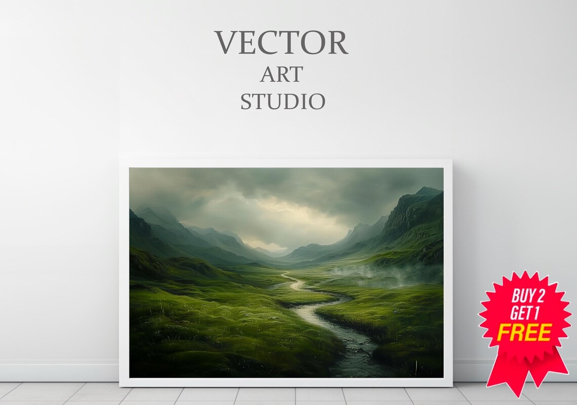 Stormy Green Valley With Winding River Ireland Landscape Art Poster - Image 3