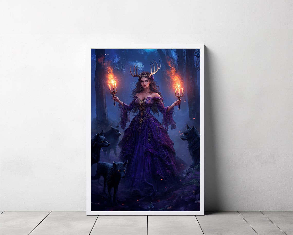 Hecate Dark Goddess with Flaming Torches and Black Hounds Poster - Image 3