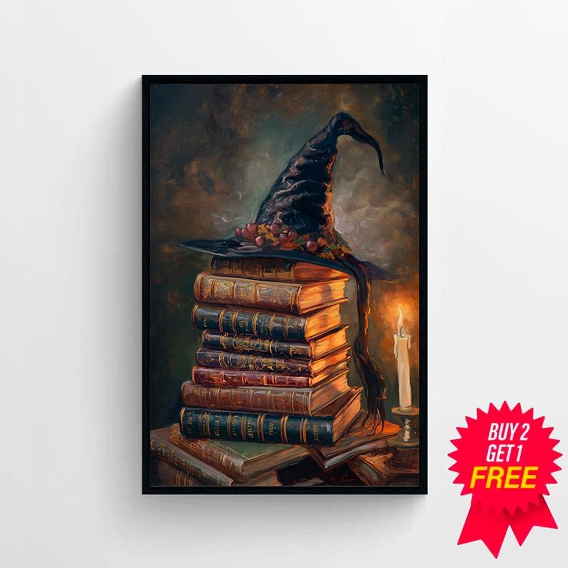 Witch Hat On Stack Of Spell Books Candlelit Halloween Poster - Image 4