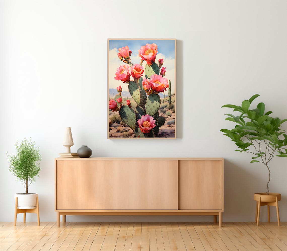 Tall Prickly Pear Cactus with Salmon Blossoms Blue Sky Poster - Image 2
