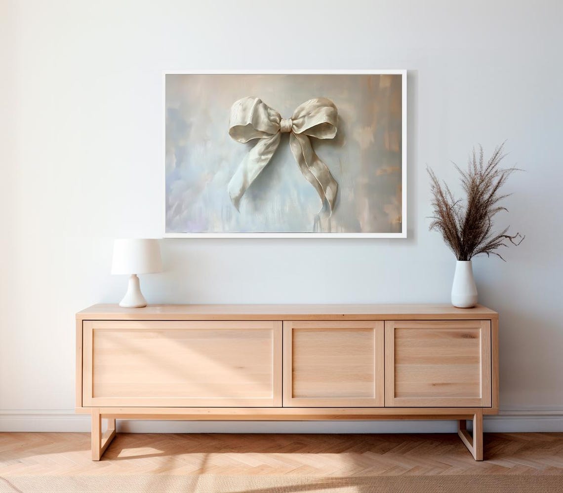 Soft White Silk Bow On Warm Cream Vintage Nursery Oil Poster - Image 2