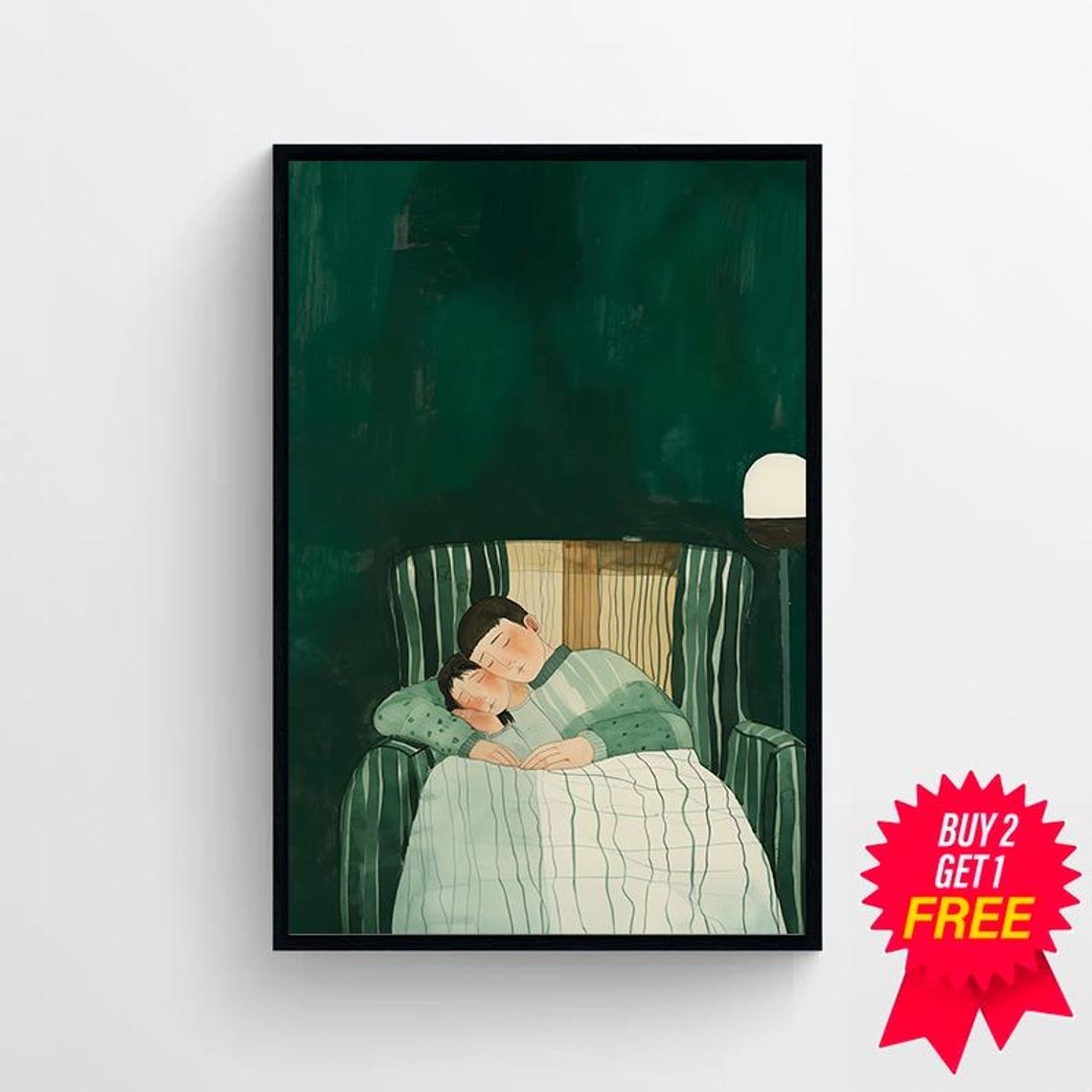 Couple Embraced in Bed Under an Emerald Green Night Sky Art Poster - Image 4