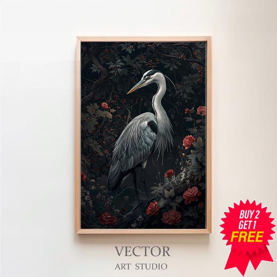 Grey Heron in Profile Among Red Roses in a Dark Garden Night Poster