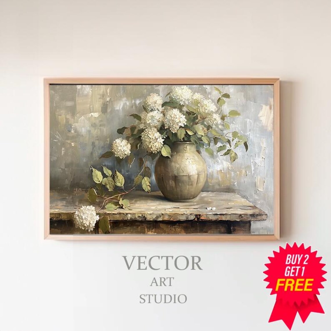 Hydrangeas in Vintage Vase, Muted Floral Art Print