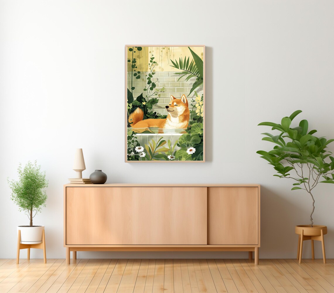 Shiba Inu Lounging in Bathtub Surrounded by Daisy Garden Poster - Image 2