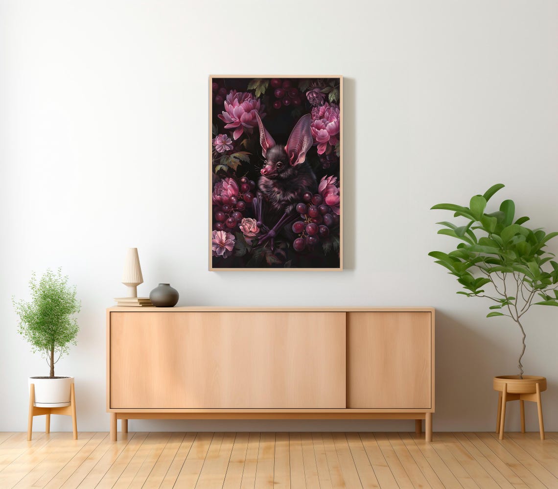 Fruit Bat Among Pink Peonies and Dark Grapes Gothic Floral Art Print - Image 2